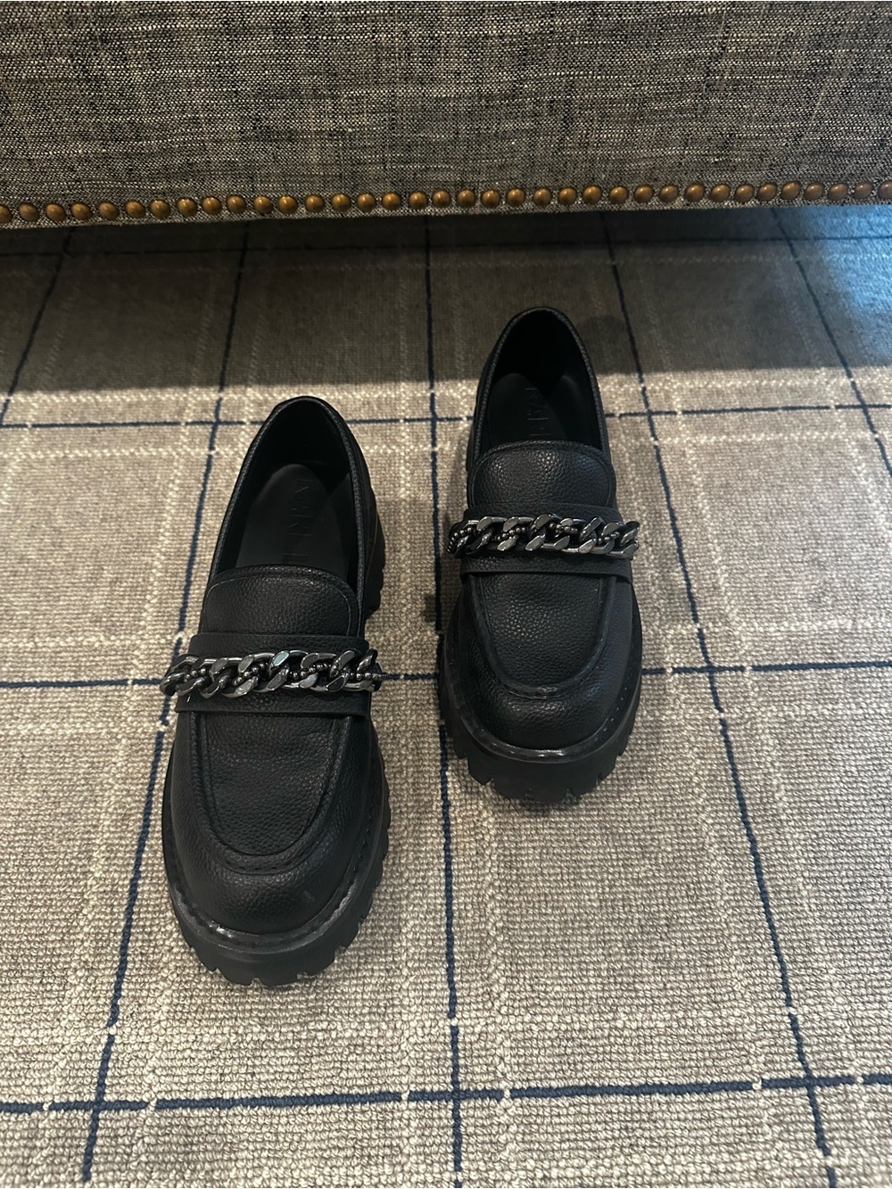 Karl Lagerfeld Black Leather Chain-Accent Women's Loafers